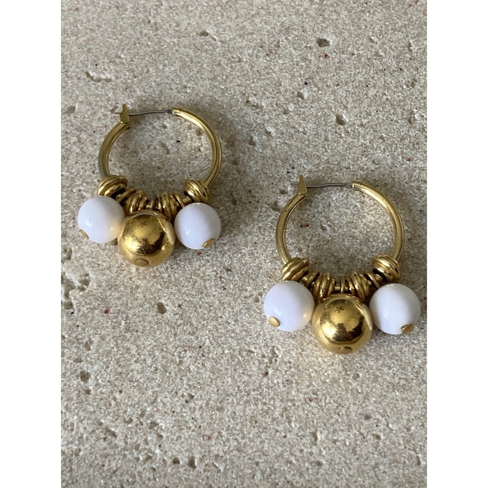 Gold Tone Hoop Earrings White Bead Charm Dangle Statement Runway‎ Couture Glam
